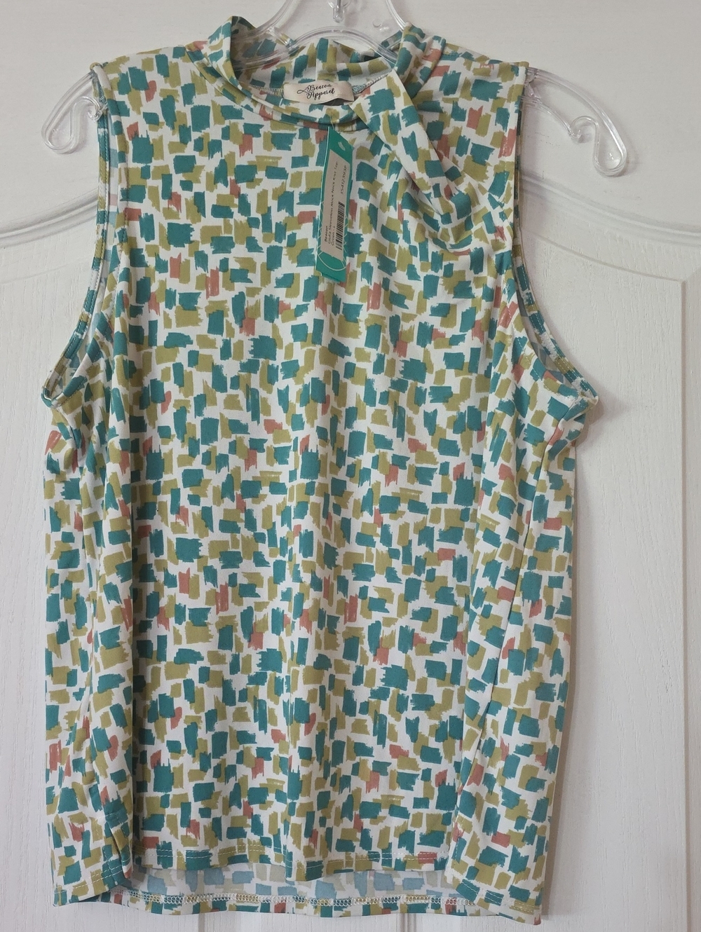 Beacon Apparel Sleeveless Mock-Neck Tank Top in Teal, Olive & Blush Print